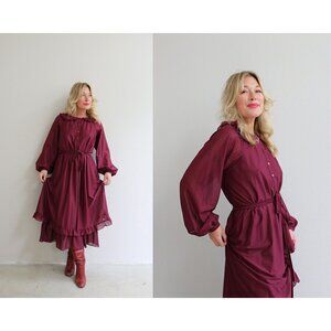 1970's Vintage Plum & Ruffle Party Dress ~ Women's Small to Medium SM MD ~ 70s